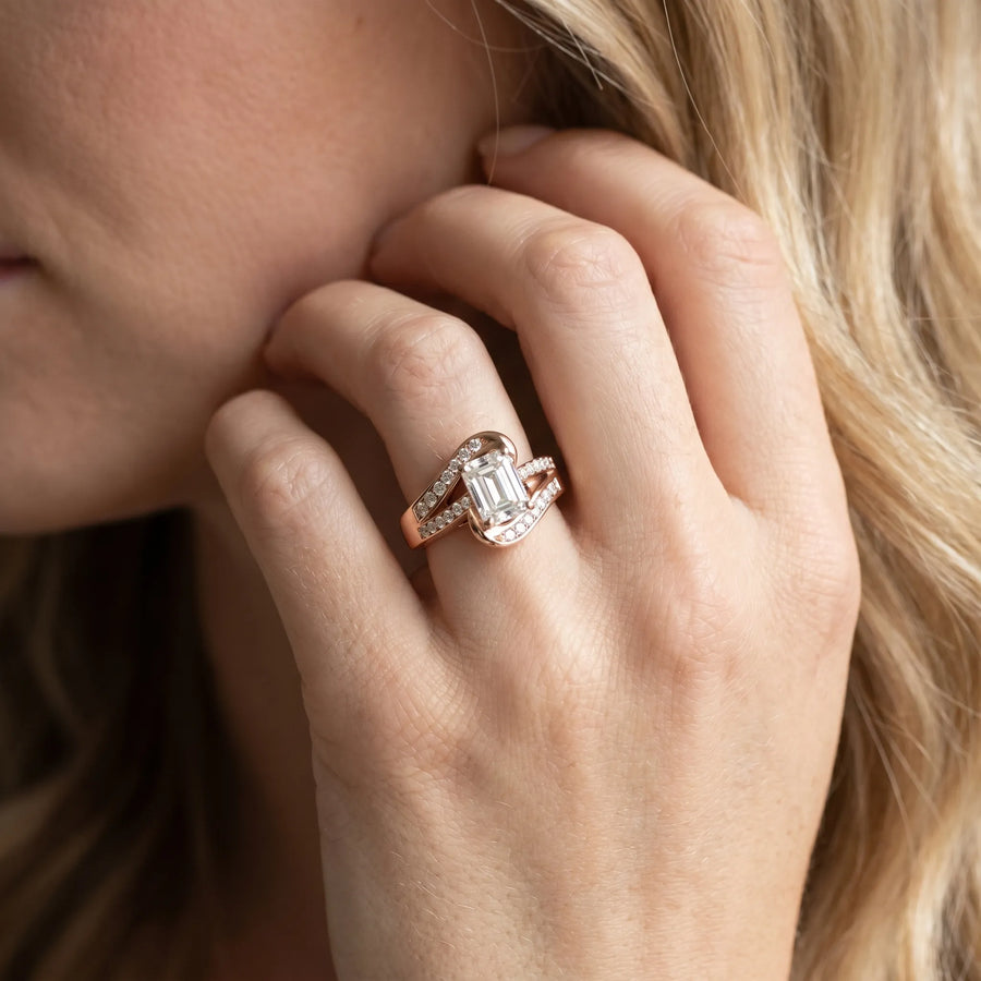 Rose gold Emerald Solitaire Bypass Diamond Engagement Ring with Channel-Set Band and Four-Prong Setting