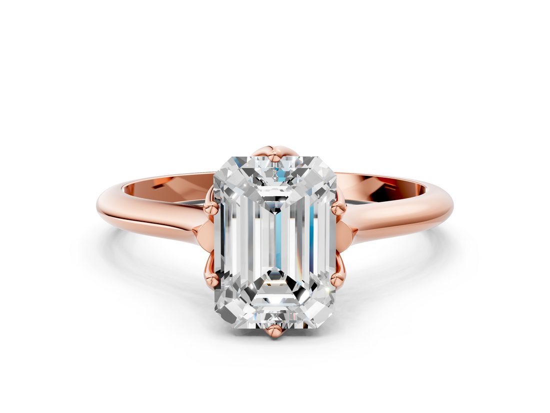 Rose gold Emerald Solitaire Cathedral Diamond Ring with Six-Prong Setting_24
