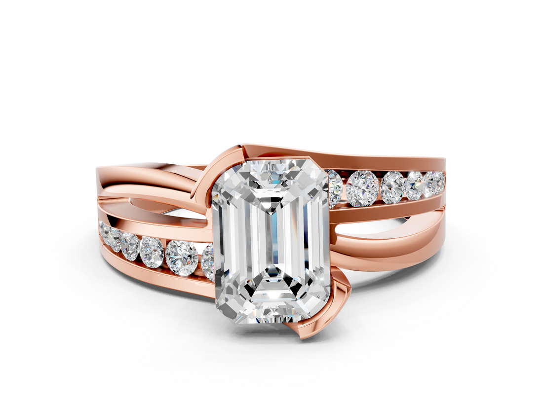 Rose gold Emerald Solitaire Channel-Set Split Shank Ring with Tension Prong Setting_12
