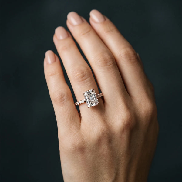 Rose gold Emerald Solitaire Diamond Engagement Ring with Pavé Band and Six-Prong Setting