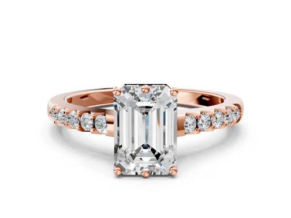 Rose gold Emerald Solitaire Diamond Engagement Ring with Pavé Band and Six-Prong Setting