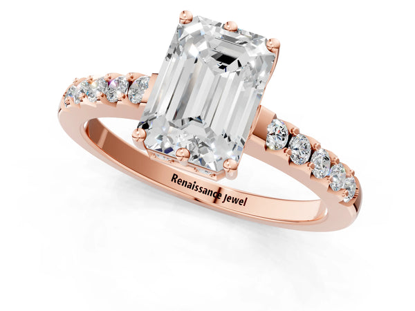 Rose gold Emerald Solitaire Diamond Engagement Ring with Pavé Band and Six-Prong Setting