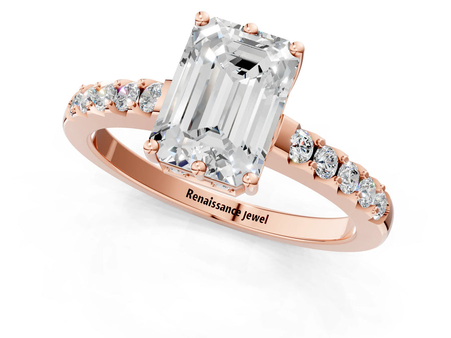 Rose gold Emerald Solitaire Diamond Engagement Ring with Pavé Band and Six-Prong Setting