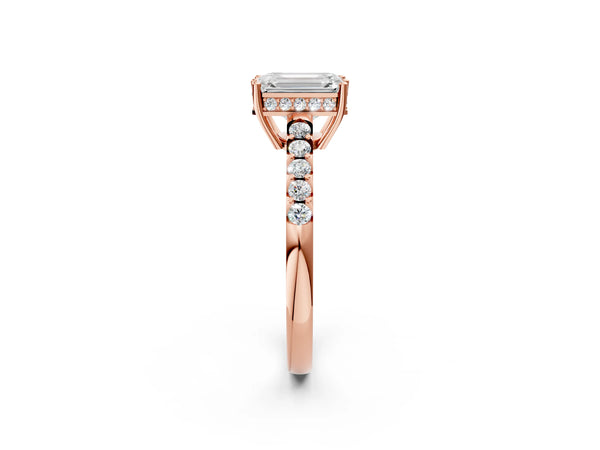 Rose gold Emerald Solitaire Diamond Engagement Ring with Pavé Band and Six-Prong Setting