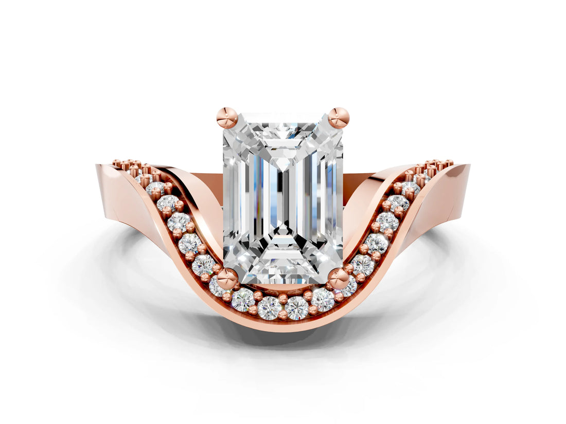 Rose gold Emerald Solitaire Diamond Engagement Ring with Pave Band and Four-Prong Setting