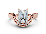 Rose gold Emerald Solitaire Diamond Engagement Ring with Pave Band and Four-Prong Setting
