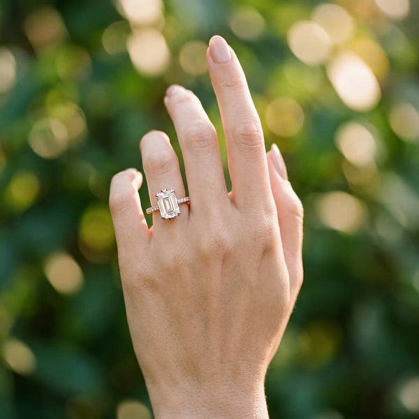 Rose gold Emerald Solitaire Diamond Engagement Ring with Pave Band and Six-Prong Setting