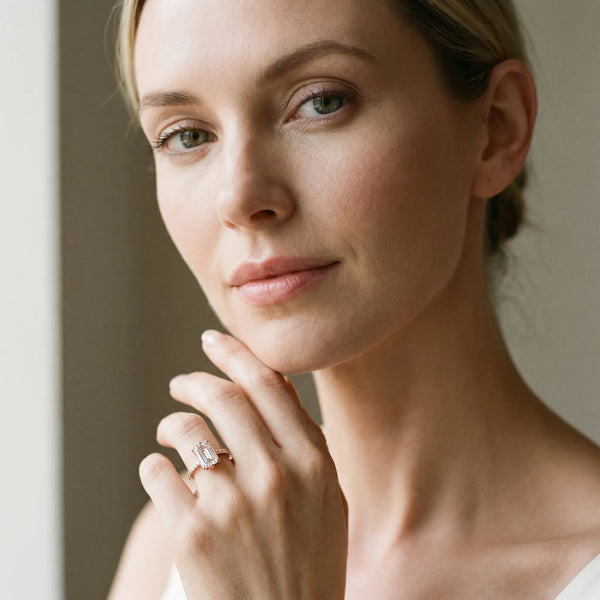 Rose gold Emerald Solitaire Diamond Engagement Ring with Pave Band and Six-Prong Setting