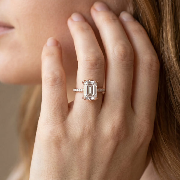 Rose gold Emerald Solitaire Diamond Engagement Ring with Pave Band and Six-Prong Setting