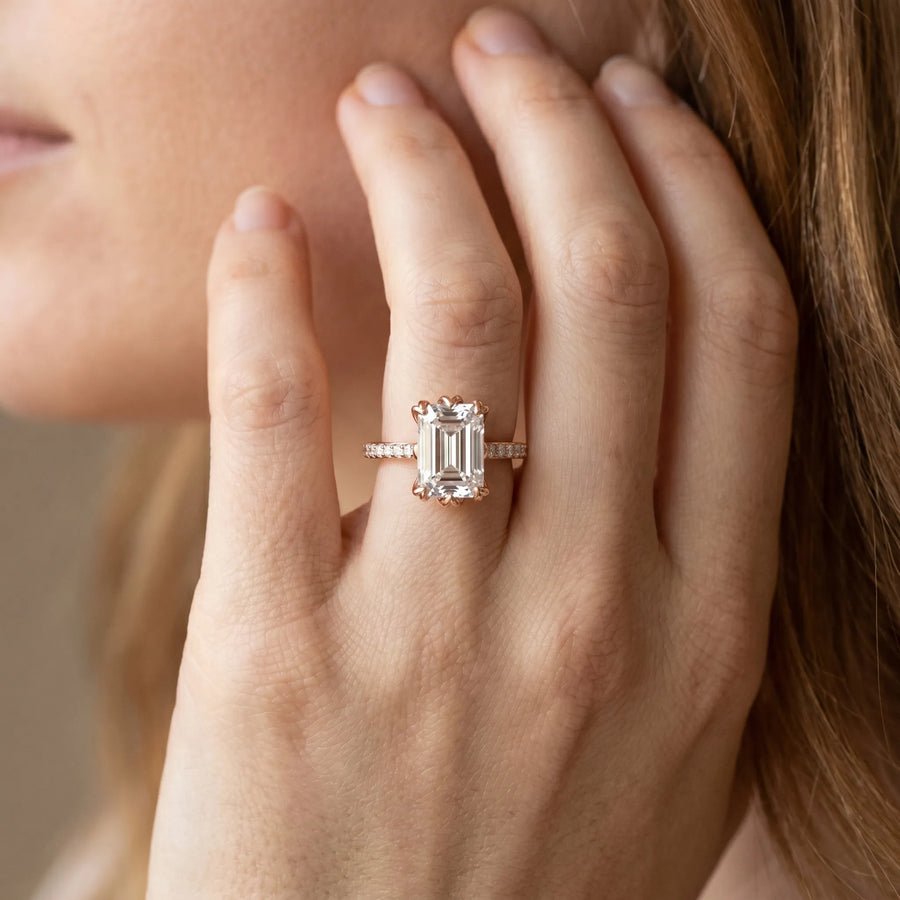 Rose gold Emerald Solitaire Diamond Engagement Ring with Pave Band and Six-Prong Setting