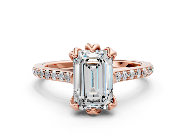 Rose gold Emerald Solitaire Diamond Engagement Ring with Pave Band and Six-Prong Setting
