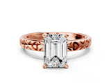 Rose gold Emerald Solitaire Diamond Engagement Ring with XO Engraved Band and Four-Prong Setting