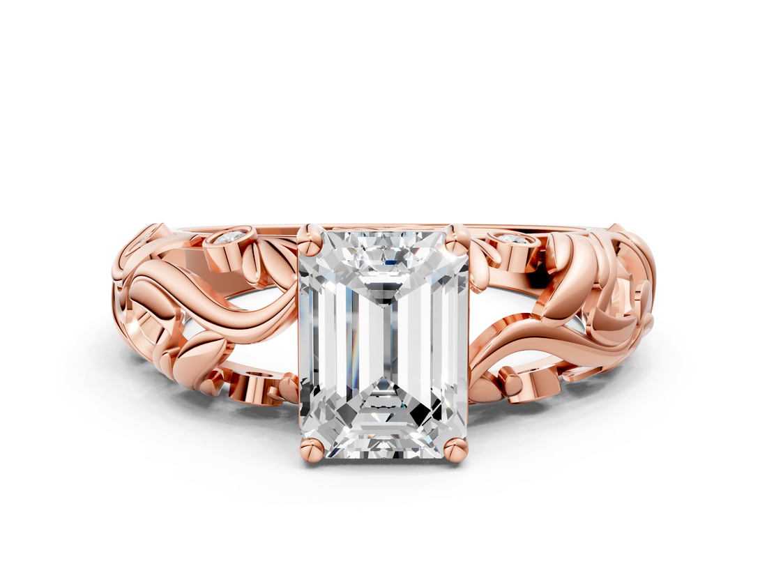 Rose gold Emerald Solitaire Diamond Leaf Vine Band with Prong Setting_66