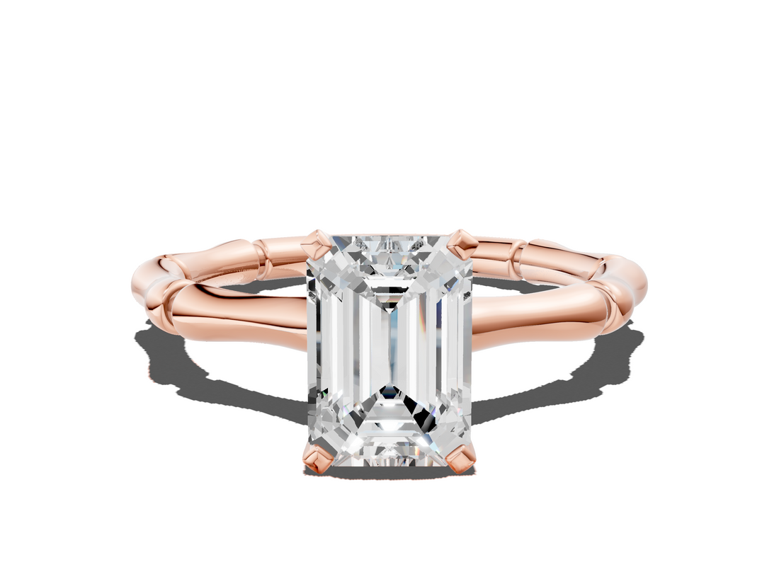 Rose gold Emerald Solitaire Diamond Ring with Bamboo Band and Four-Prong Setting_74
