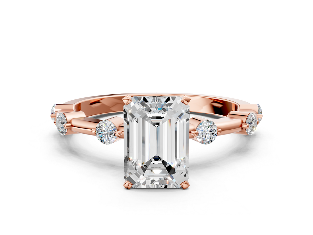 Rose gold Emerald Solitaire Diamond Ring with Bezel Set Side Stones and Prong Setting_17