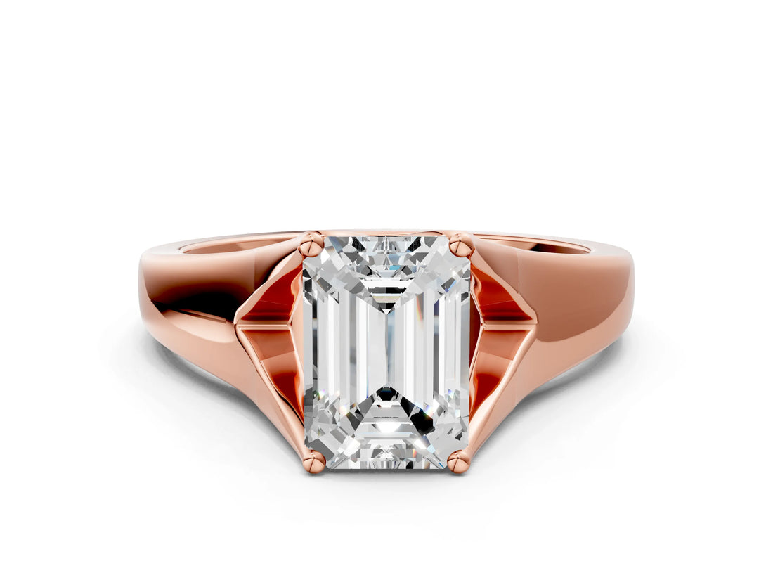 Rose gold Emerald Solitaire Diamond Ring with Cathedral Band and Four-Prong Setting_63
