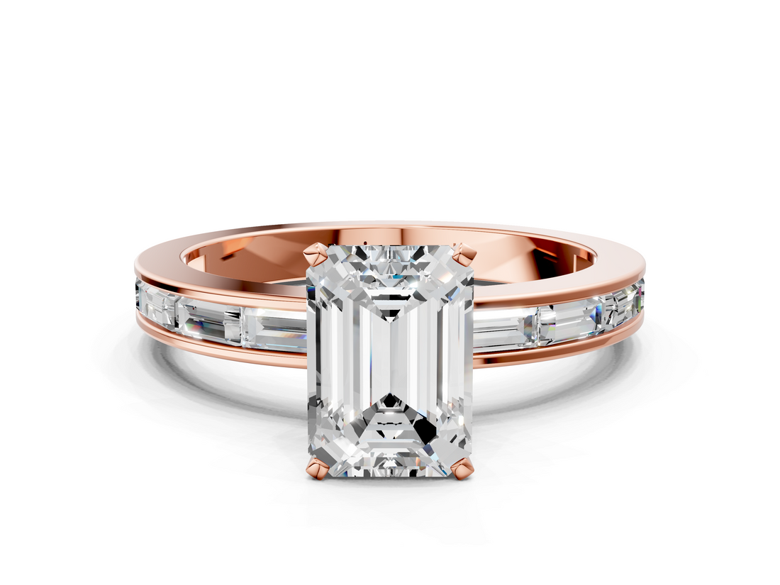 Rose gold Emerald Solitaire Diamond Ring with Channel-Set Baguette Band and Four-Prong Setting_102