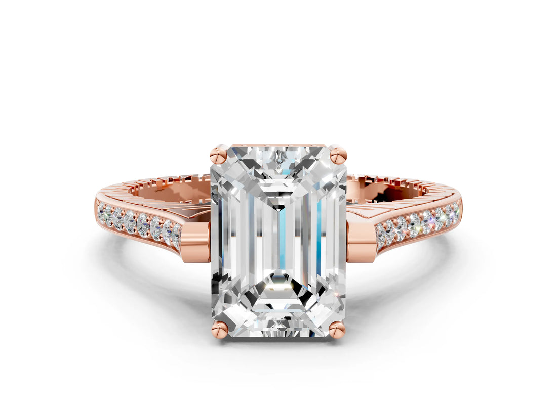 Rose gold Emerald Solitaire Diamond Ring with Channel Set Band and Bezel Prong Setting_56