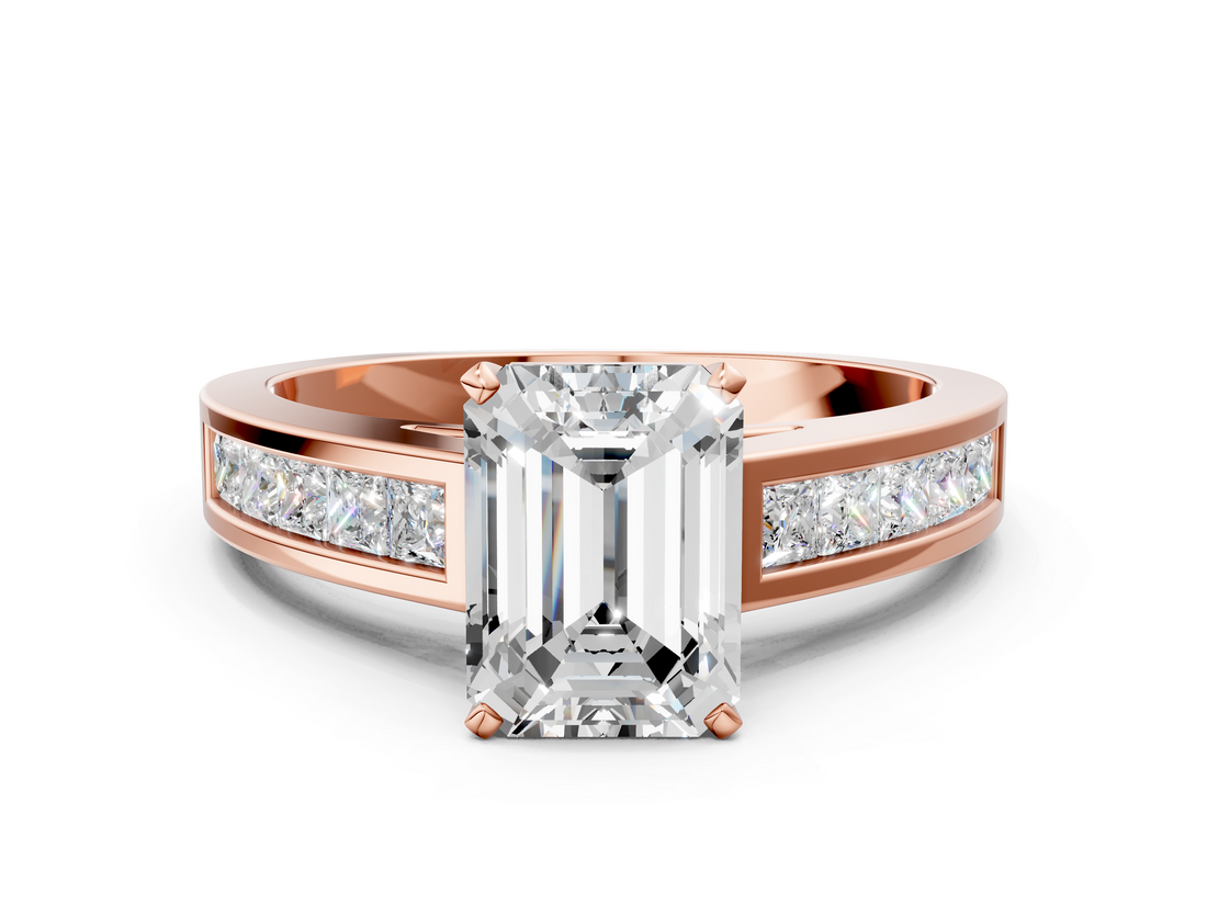 Rose gold Emerald Solitaire Diamond Ring with Channel-Set Band and Four-Prong Setting_17
