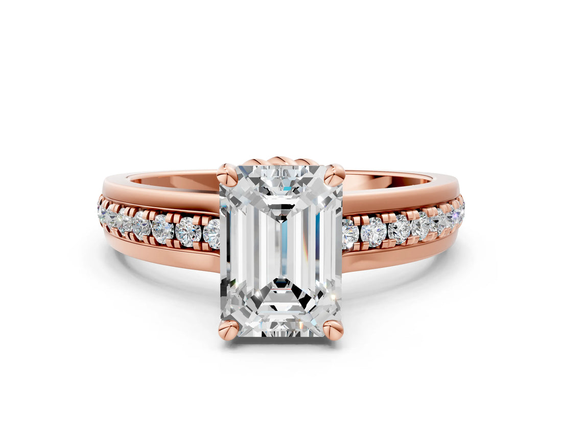Rose gold Emerald Solitaire Diamond Ring with Channel Set Band and Six-Prong Setting_47
