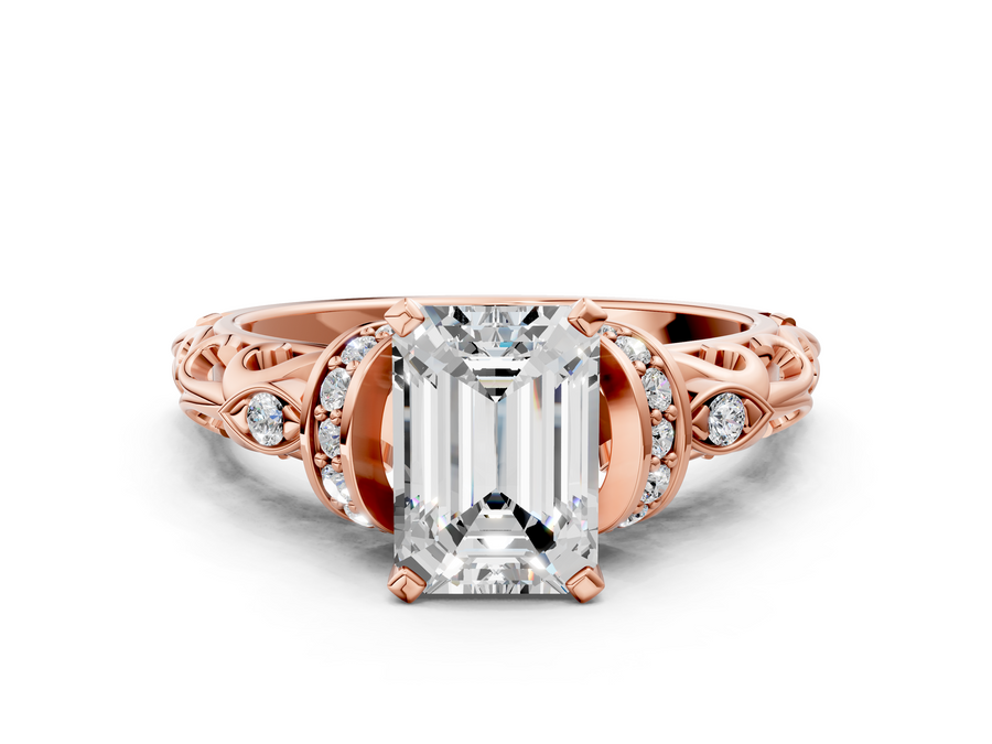 Rose gold Emerald Cut Diamond Solitaire Ring with Filigree Band and Four-Prong Setting