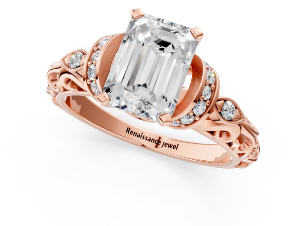 Rose gold Emerald Cut Diamond Solitaire Ring with Filigree Band and Four-Prong Setting