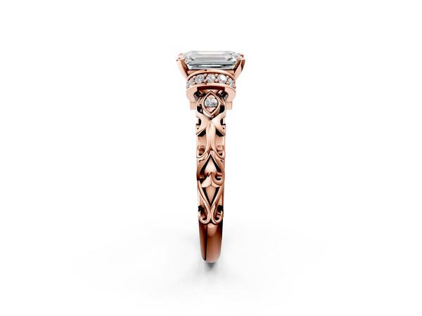 Rose gold Emerald Cut Diamond Solitaire Ring with Filigree Band and Four-Prong Setting
