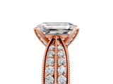 Rose gold Emerald Solitaire Diamond Ring with Milgrain Pavé Band and Four-Prong Setting_146