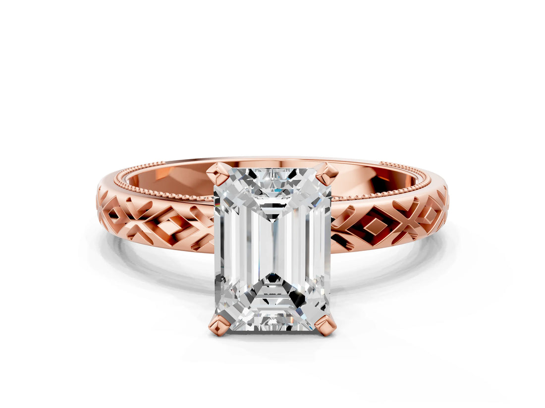 Rose gold Emerald Solitaire Diamond Ring with Milgrain and Black Enamel X Pattern Band_178