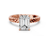 Rose gold Emerald Solitaire Diamond Ring with Milgrain and Black Enamel X Pattern Band_178