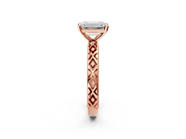 Rose Gold Emerald Cut Vintage Solitaire Engagement Ring Setting with Milgrain X Pattern Band