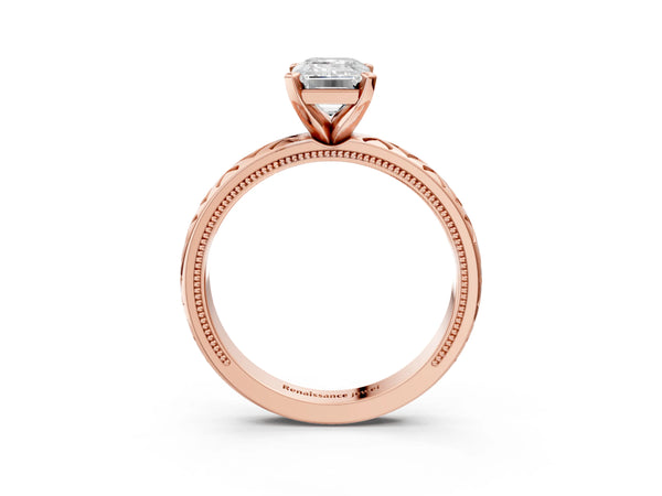 Rose Gold Emerald Cut Vintage Solitaire Engagement Ring Setting with Milgrain X Pattern Band