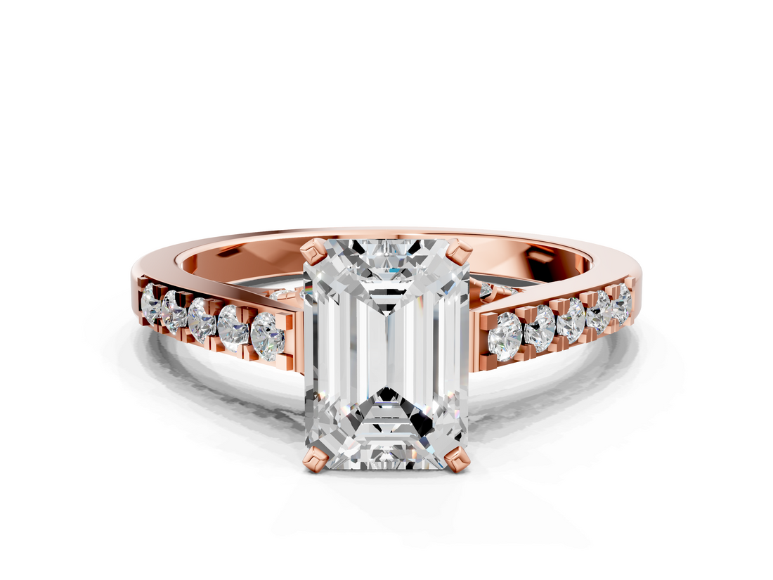 Rose gold Emerald Solitaire Diamond Ring with Pavé Band and Four-Prong Setting_141