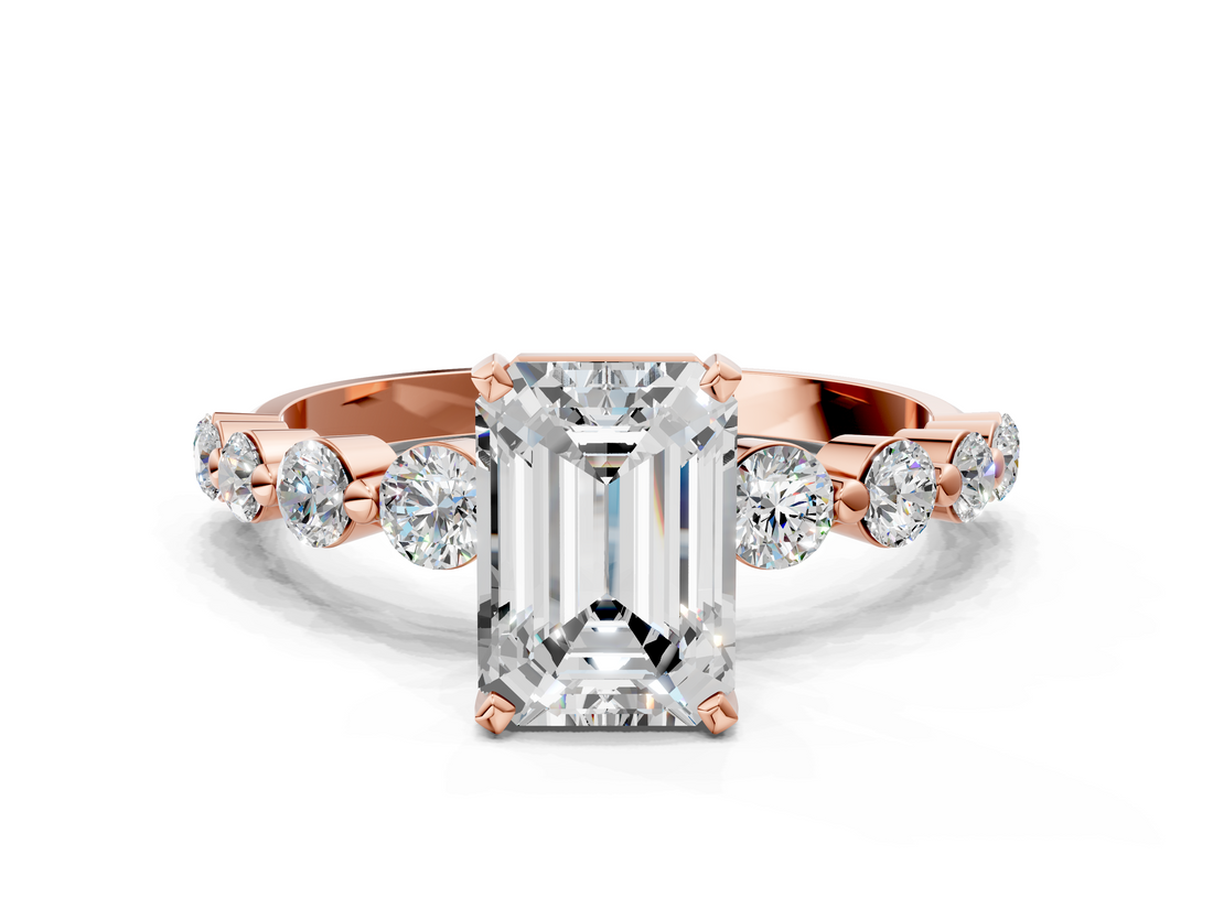 Rose gold Emerald Solitaire Diamond Ring with Pave Band and Four-Prong Setting_276