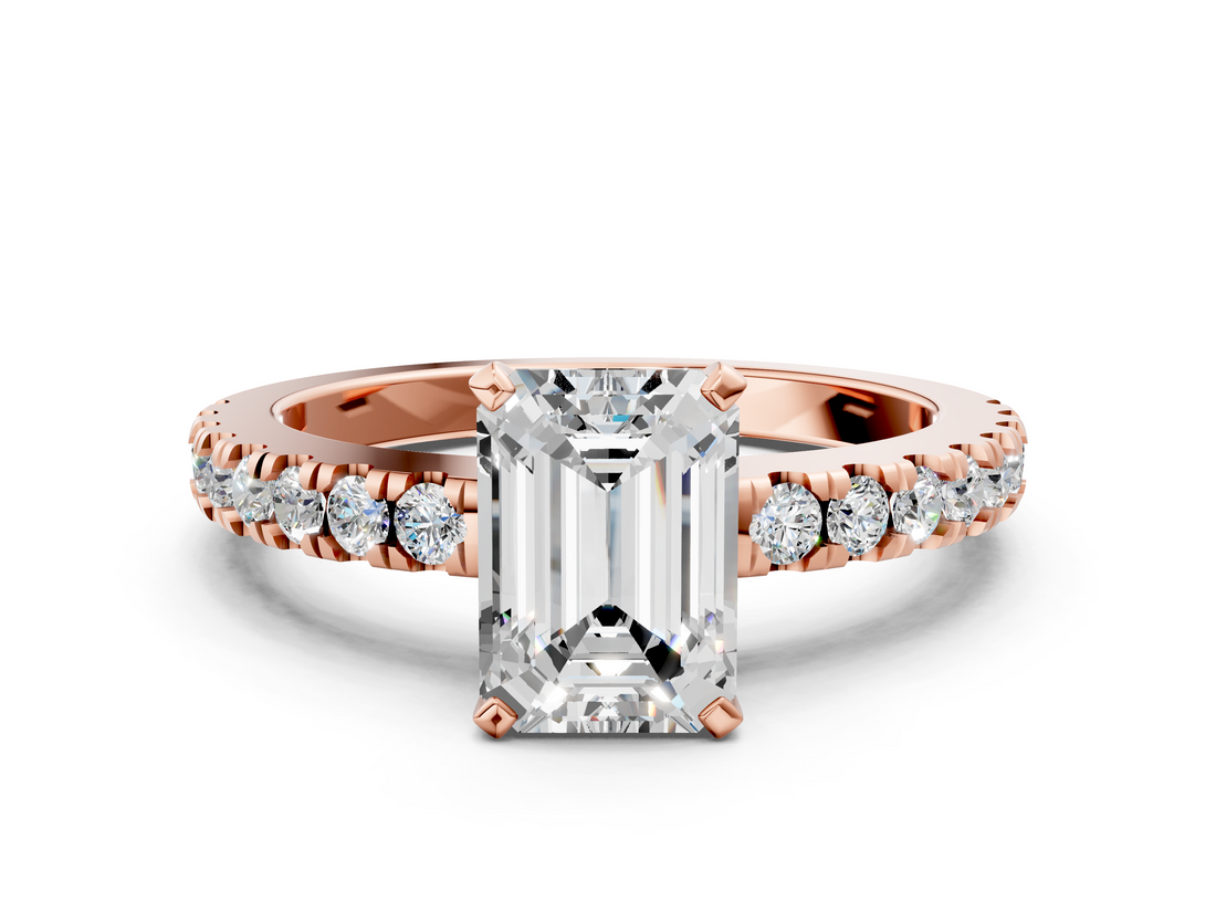Rose gold Emerald Solitaire Diamond with Pavé Band and Four-Prong Setting_67