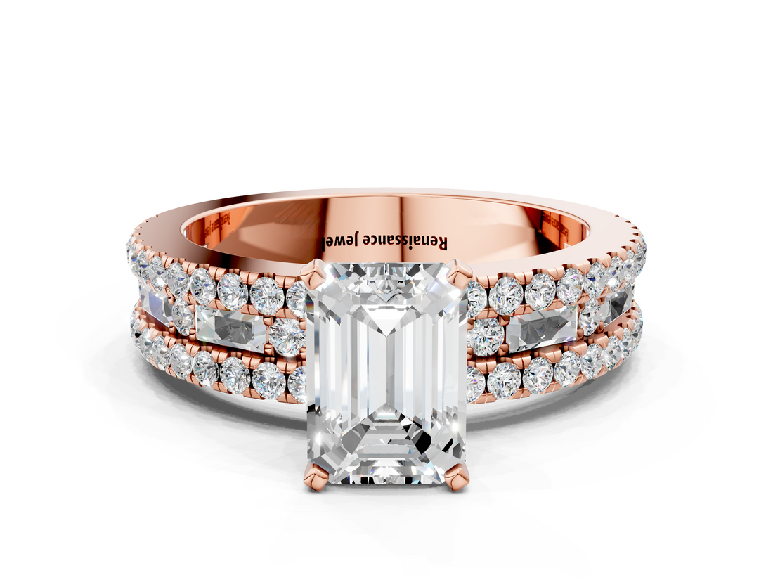 Rose gold Emerald Solitaire Diamond with Pave and Channel Set Band_58