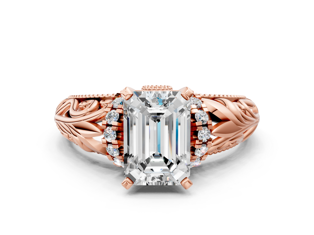 Rose gold Emerald Solitaire Filigree Engagement Ring with Halo and Prong Setting_81