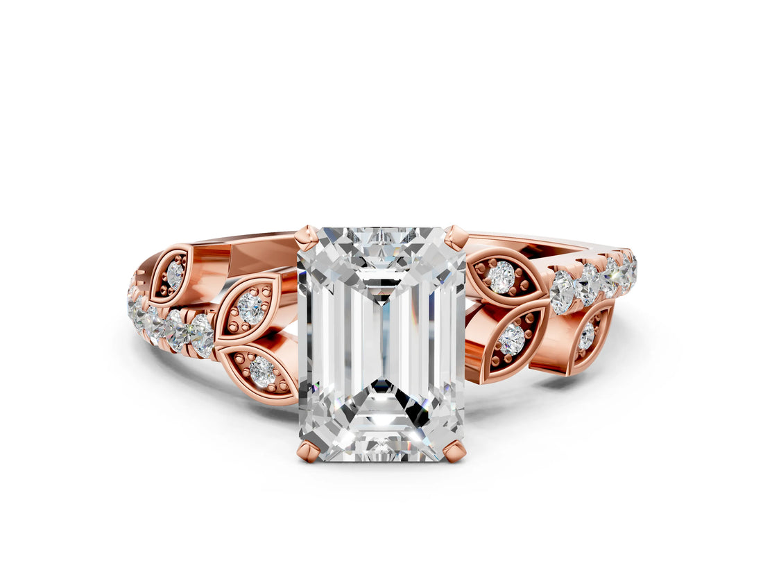 Rose gold Emerald Solitaire Leaf-Inspired Diamond Ring with Pavé Band and Four-Prong Setting_4