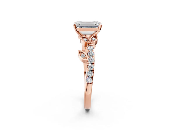 Rose Gold Emerald Cut Leaf Solitaire Engagement Ring Setting with Pave Band