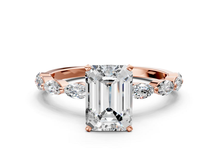 Rose gold Emerald Cut Diamond Ring with Marquise Side Stones and Prong Setting