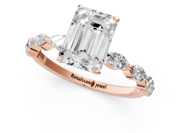 Rose gold Emerald Cut Diamond Ring with Marquise Side Stones and Prong Setting