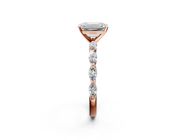 Rose gold Emerald Cut Diamond Ring with Marquise Side Stones and Prong Setting