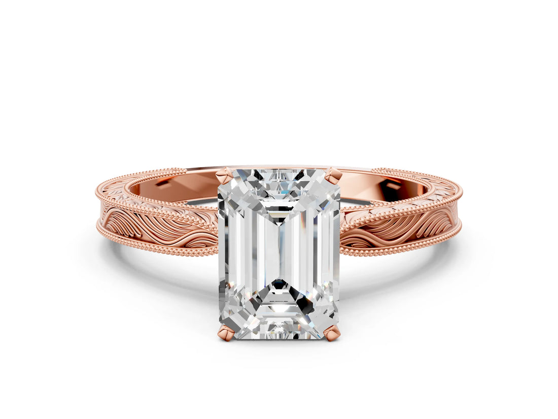 Rose gold Emerald Solitaire Milgrain Engraved Band with Four-Prong Setting_4