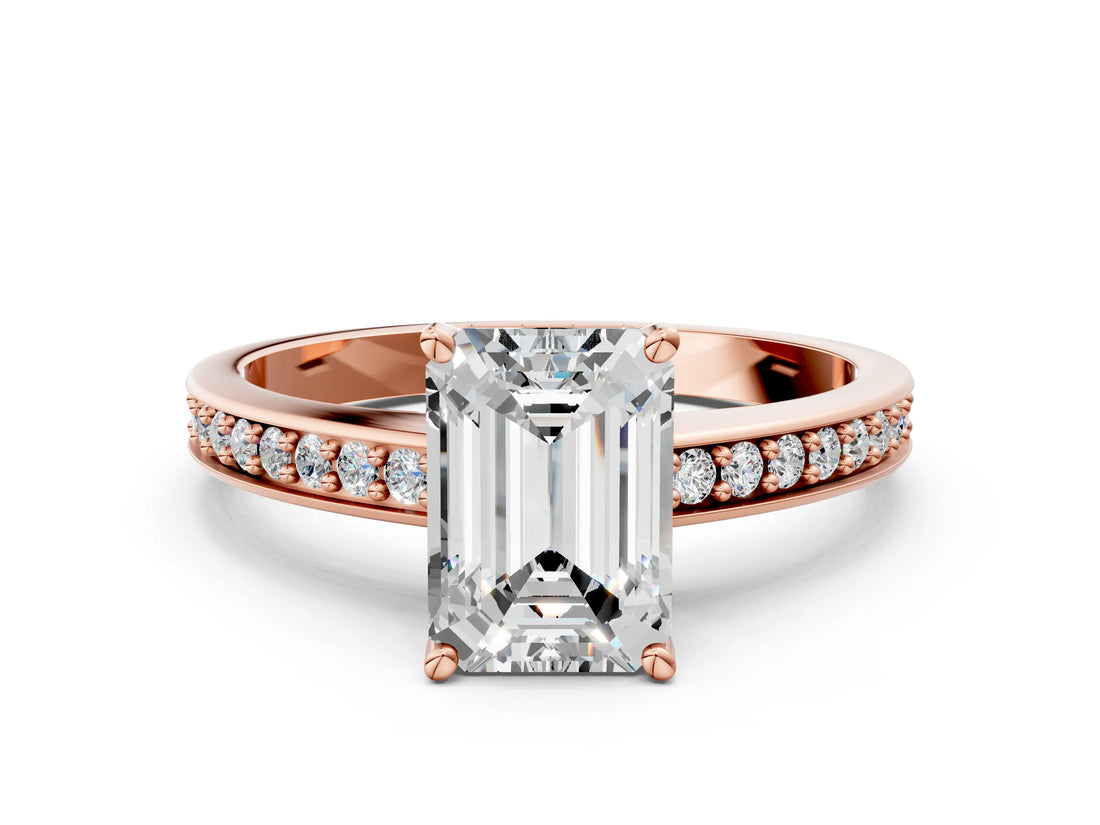 Rose gold Emerald Solitaire Pavé Band Prong Setting Ring_49