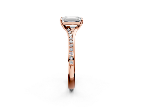 Rose gold Emerald Cut Diamond Solitaire Ring with Pavé Band and Prong Setting