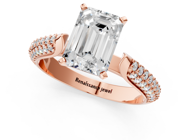 Rose gold Emerald Diamond Solitaire Engagement Ring with Pavé Band and Four-Prong Setting