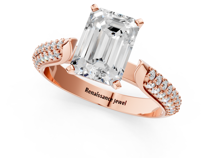 Rose gold Emerald Diamond Solitaire Engagement Ring with Pavé Band and Four-Prong Setting