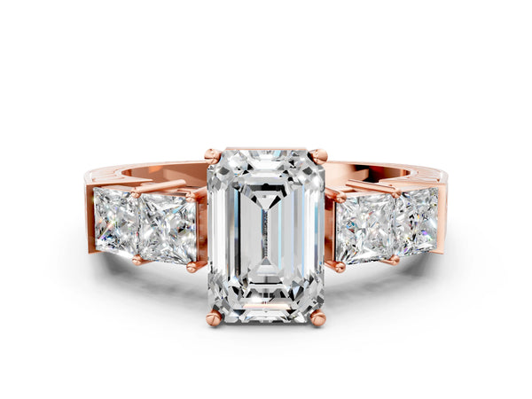 Rose gold Emerald Solitaire Princess Side Stone Engraved Band Prong Setting Ring