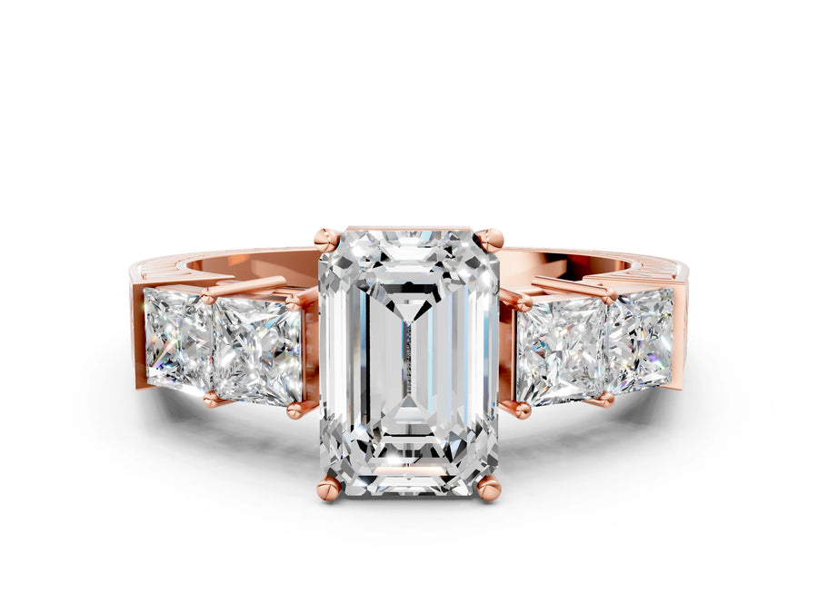 Rose gold Emerald Solitaire Princess Side Stone Engraved Band Prong Setting Ring