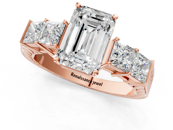 Rose gold Emerald Solitaire Princess Side Stone Engraved Band Prong Setting Ring